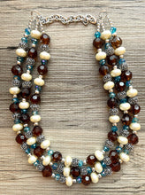 Load image into Gallery viewer, July Summer Storm Soirée, Chunky 3 Strand Statement Necklace, blue royal jewelry, silver necklace, resin cream jewelry metallic aqua brown