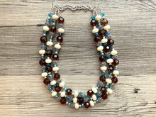 Load image into Gallery viewer, July Summer Storm Soirée, Chunky 3 Strand Statement Necklace, blue royal jewelry, silver necklace, resin cream jewelry metallic aqua brown