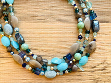 Load image into Gallery viewer, Blue Winter Ombré Chunky Statement Necklace, multi Strand Beaded Jewelry, dark blue glass jewelry, 3 strand silver aqua turquoise chunky bib