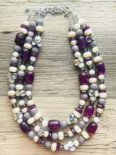 Load image into Gallery viewer, Metallic Eggplant Cream Necklace, 3 Strand Statement Jewelry, Chunky bib bridesmaid everyday bubble jewelry, rhinestone beaded purple gray