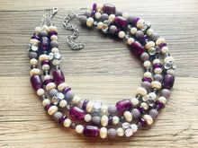 Load image into Gallery viewer, Metallic Eggplant Cream Necklace, 3 Strand Statement Jewelry, Chunky bib bridesmaid everyday bubble jewelry, rhinestone beaded purple gray
