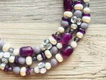Load image into Gallery viewer, Metallic Eggplant Cream Necklace, 3 Strand Statement Jewelry, Chunky bib bridesmaid everyday bubble jewelry, rhinestone beaded purple gray