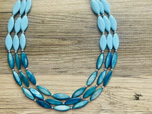 Load image into Gallery viewer, Chunky Multi Strand Blue Shell Statement Necklace, turquoise oval beaded jewelry, shell necklace, blue jewelry, turquoise necklace