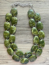 Load image into Gallery viewer, Olive Green Chunky Statement Necklace, Big beaded jewelry, Double Strand Statement Necklace, Bib necklace, green bridesmaid wedding earrings