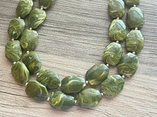 Load image into Gallery viewer, Olive Green Chunky Statement Necklace, Big beaded jewelry, Double Strand Statement Necklace, Bib necklace, green bridesmaid wedding earrings