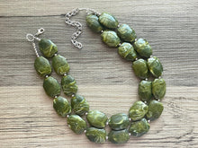 Load image into Gallery viewer, Olive Green Chunky Statement Necklace, Big beaded jewelry, Double Strand Statement Necklace, Bib necklace, green bridesmaid wedding earrings