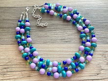 Load image into Gallery viewer, Mountain Trail Chunky Statement Necklace, lavender turquoise green blue beaded necklace, colorful jewelry multi strand necklace, bib collar