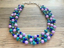 Load image into Gallery viewer, Mountain Trail Chunky Statement Necklace, lavender turquoise green blue beaded necklace, colorful jewelry multi strand necklace, bib collar