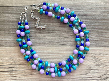 Load image into Gallery viewer, Mountain Trail Chunky Statement Necklace, lavender turquoise green blue beaded necklace, colorful jewelry multi strand necklace, bib collar