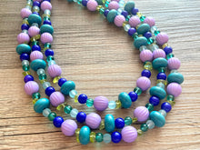Load image into Gallery viewer, Mountain Trail Chunky Statement Necklace, lavender turquoise green blue beaded necklace, colorful jewelry multi strand necklace, bib collar