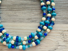 Load image into Gallery viewer, Parisian Palace Chunky Statement Necklace, silver bib necklace, royal blue turquoise wood, wedding bridesmaid chunky neutral glass