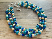 Load image into Gallery viewer, Parisian Palace Chunky Statement Necklace, silver bib necklace, royal blue turquoise wood, wedding bridesmaid chunky neutral glass