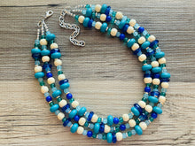 Load image into Gallery viewer, Parisian Palace Chunky Statement Necklace, silver bib necklace, royal blue turquoise wood, wedding bridesmaid chunky neutral glass