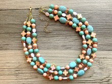 Load image into Gallery viewer, Bailey’s Chunky Statement Necklace, Big beaded jewelry, Triple Strand Statement coral peach aqua blue turquoise blush pink, blue jewelry