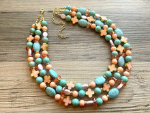Load image into Gallery viewer, Bailey’s Chunky Statement Necklace, Big beaded jewelry, Triple Strand Statement coral peach aqua blue turquoise blush pink, blue jewelry