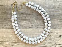 Load image into Gallery viewer, White & Gold Geometric Bead Necklace, gold 2 Strand Statement Jewelry, clear Chunky bib, bridesmaid necklace, beaded jewelry painted