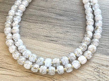 Load image into Gallery viewer, White & Gold Geometric Bead Necklace, gold 2 Strand Statement Jewelry, clear Chunky bib, bridesmaid necklace, beaded jewelry painted