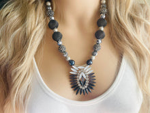 Load image into Gallery viewer, Silver Black & Gray Beaded Pendant Statement necklace, single strand neutral bead chunky layering necklace, glass lampwork beaded jewelry