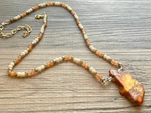Load image into Gallery viewer, Orange Dragon Vein Agate Pendant Necklace with Coral and Cream Beaded Chain, bead pendant necklace single strand drop style