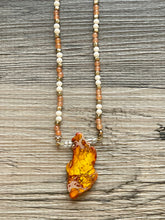 Load image into Gallery viewer, Orange Dragon Vein Agate Pendant Necklace with Coral and Cream Beaded Chain, bead pendant necklace single strand drop style