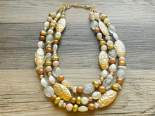 Load image into Gallery viewer, Gold Goddess chunky statement necklace, big beaded jewelry, gifts for women bib jewelry Multi-Strand metallic gold painted statement jewelry