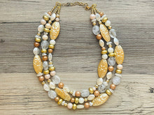 Load image into Gallery viewer, Gold Goddess chunky statement necklace, big beaded jewelry, gifts for women bib jewelry Multi-Strand metallic gold painted statement jewelry