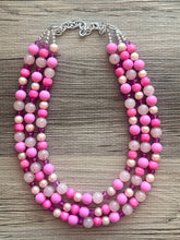 Load image into Gallery viewer, Blush Coral Dark Pink Beaded Necklace, pink Jewelry, 3 strand Chunky statement necklace, big beaded necklace, pink statement magenta