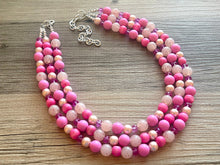 Load image into Gallery viewer, Blush Coral Dark Pink Beaded Necklace, pink Jewelry, 3 strand Chunky statement necklace, big beaded necklace, pink statement magenta