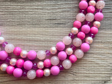 Load image into Gallery viewer, Blush Coral Dark Pink Beaded Necklace, pink Jewelry, 3 strand Chunky statement necklace, big beaded necklace, pink statement magenta