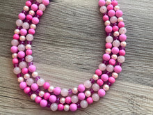 Load image into Gallery viewer, Blush Coral Dark Pink Beaded Necklace, pink Jewelry, 3 strand Chunky statement necklace, big beaded necklace, pink statement magenta