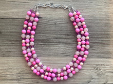 Load image into Gallery viewer, Blush Coral Dark Pink Beaded Necklace, pink Jewelry, 3 strand Chunky statement necklace, big beaded necklace, pink statement magenta