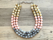 Load image into Gallery viewer, Three Strand gray pink tan Chunky statement necklace, big beaded jewelry, gifts for women, bib jewelry Multi-Strand necklac