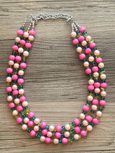 Load image into Gallery viewer, Tea Party & Brunch Necklace, Three Strand Pink Green wood statement necklace, blush pink emerald green chunky bib spring jewelry
