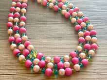 Load image into Gallery viewer, Tea Party & Brunch Necklace, Three Strand Pink Green wood statement necklace, blush pink emerald green chunky bib spring jewelry
