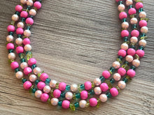 Load image into Gallery viewer, Tea Party & Brunch Necklace, Three Strand Pink Green wood statement necklace, blush pink emerald green chunky bib spring jewelry