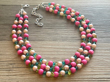 Load image into Gallery viewer, Tea Party & Brunch Necklace, Three Strand Pink Green wood statement necklace, blush pink emerald green chunky bib spring jewelry