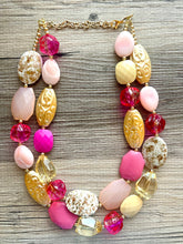 Load image into Gallery viewer, Pink Double Strand Big Beaded Statement Necklace, pink Jewelry, cream beaded necklace, pink bridesmaid necklace jewelry blush magenta gold