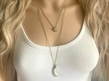 Load image into Gallery viewer, Vintage Silver Celestial Beaded long necklace, shiny beaded statement necklace, moon stars everyday metal chunky layering necklace