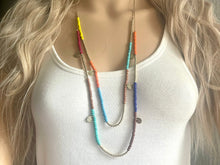 Load image into Gallery viewer, Bold long Rainbow & Gold vintage necklace, seed bead acrylic faceted tube beaded pendant necklace, layering rainbow statement