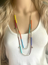 Load image into Gallery viewer, Bold long Rainbow & Gold vintage necklace, seed bead acrylic faceted tube beaded pendant necklace, layering rainbow statement