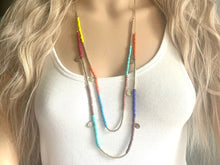 Load image into Gallery viewer, Bold long Rainbow & Gold vintage necklace, seed bead acrylic faceted tube beaded pendant necklace, layering rainbow statement