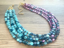 Load image into Gallery viewer, Blue & Purple Rainbow Pixel 6 strand OOAK statement Necklace, Aqua Purple Beaded Jewelry, summer silver jewelry island necklace ombré