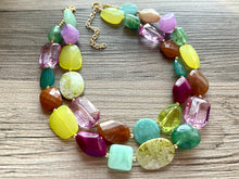 Load image into Gallery viewer, Fairy Garden chunky necklace, Green Purple Browns beaded jewelry, resin beaded necklace, gold purple lime turquoise champagne