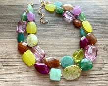Load image into Gallery viewer, Fairy Garden chunky necklace, Green Purple Browns beaded jewelry, resin beaded necklace, gold purple lime turquoise champagne