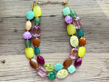 Load image into Gallery viewer, Fairy Garden chunky necklace, Green Purple Browns beaded jewelry, resin beaded necklace, gold purple lime turquoise champagne
