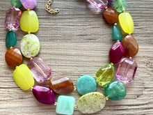 Load image into Gallery viewer, Fairy Garden chunky necklace, Green Purple Browns beaded jewelry, resin beaded necklace, gold purple lime turquoise champagne