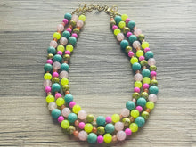 Load image into Gallery viewer, Lime Green & Pink Chunky Statement Necklace, Big beaded jewelry, 3 Strand gold Statement coral Bib necklace, green bridesmaid wedding