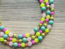 Load image into Gallery viewer, Lime Green & Pink Chunky Statement Necklace, Big beaded jewelry, 3 Strand gold Statement coral Bib necklace, green bridesmaid wedding