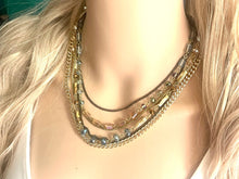 Load image into Gallery viewer, Rhinestone Fall 6 Layer Statement Necklace, gold crystal chunky necklace, statement jewelry, gemstone necklace, box chain beaded