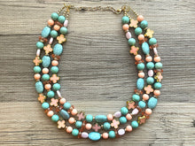 Load image into Gallery viewer, Bailey’s Chunky Statement Necklace, Big beaded jewelry, Triple Strand Statement coral peach aqua blue turquoise blush pink, blue jewelry